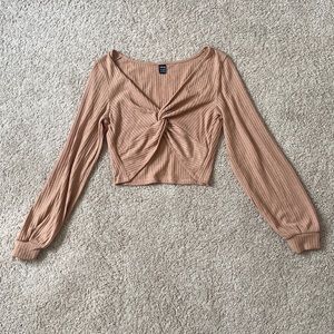 TAN ORANGE RIBBED LONG SLEEVE TWIST CROP TOP